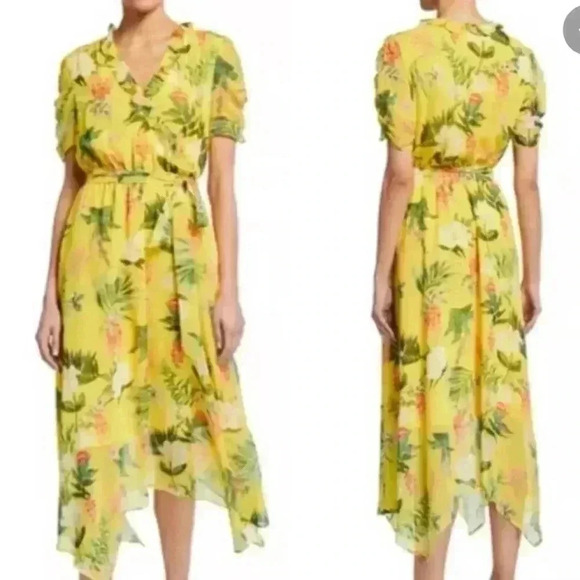 Neiman Marcus Faux Wrap Tropical Print Belted Waist Midi Dress Size Small NWT - Picture 1 of 4